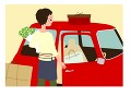 車から荷物を下ろす女性