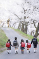 桜の下を手をつないで歩く新入学生たち