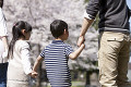 桜が咲く公園で手をつないで散歩する４人家族
