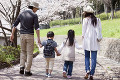 春の公園を散歩する４人家族