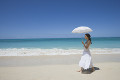 日傘を差して海辺を歩く日本人女性