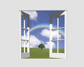 窓から草原の一本の木と入道雲と虹