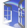 窓から飛行機雲と虹
