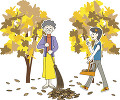 落ち葉を掃除する祖母と孫