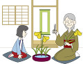 華道をする女の子とシニア女性