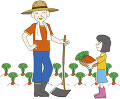 畑仕事をするシニア男性と手伝いをする女の子