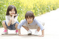 菜の花が咲く公園で座り込む男の子と女の子