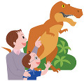 博物館で恐竜の模型を見る親子