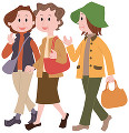 旅先で街歩きをする三人の中高年女性