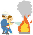 消火訓練をする男の子と消防士