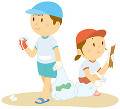 浜辺のゴミ拾いをする男の子と女の子