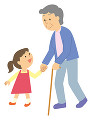 孫と散歩をする老人女性