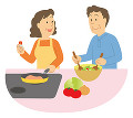 料理をする中高年夫婦