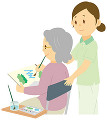 水彩画を描く老人女性と介護士