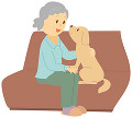 ソファで犬と寛ぐ老人女性
