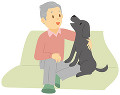 ソファで犬と寛ぐ老人男性