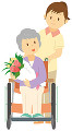 車いすを押してもらう花束を持つ老人女性