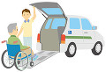 車椅子で車に乗る老人男性と介護士