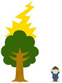 木に落ちる雷と避難する人