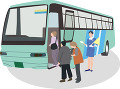 バスに乗る客と対応するバスガイド