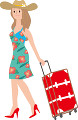 リゾートウェアでキャリーバッグを運ぶ女性