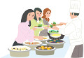 ビュッフェで料理を取り分ける女性３人