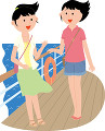 船の甲板の上で話す若い女性２人