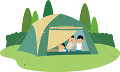 キャンプでテント内でくつろぐ若い男性３人