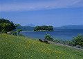 洞爺湖 湖畔のベンチと羊蹄山