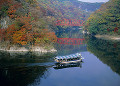 秋の帝釈峡の神龍湖と桜橋