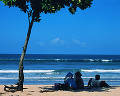 075： 海 波 砂浜 人々 樹木 水平線 青空