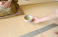 041：　女性　小紋の着物　座蒲団　抹茶　畳　