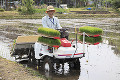 水田で田植機を運転する男性